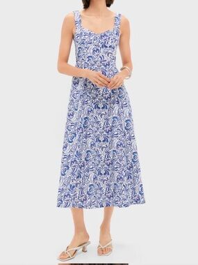 Hyacinth House NWT Blue Linen Floral Open Back Lawson Bustier Maxi Dress in XS